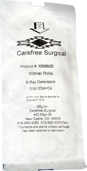 Kittner Roll gauze sponge 15506 with retract cord in sterile packaging. (Patent Pending)