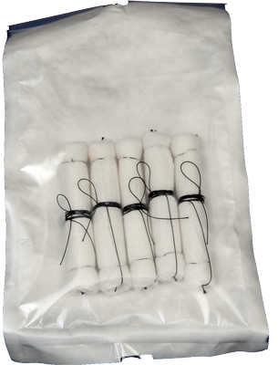 Kittner Roll gauze sponge 15508 with retract cord in sterile packaging. (Patent Pending)